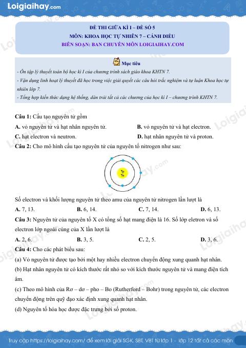 Đề thi giữa kì 1 KHTN 7 Cánh diều - Đề số 5
